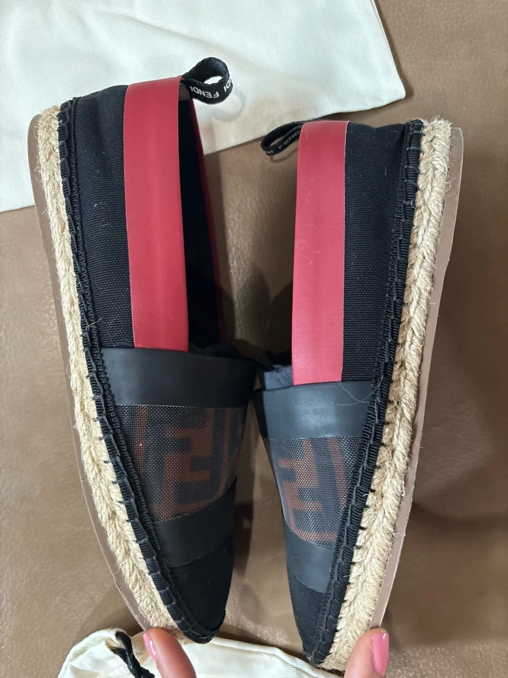 Fendi Black and Red Logo-Panel Espadrille Flats size 36 6